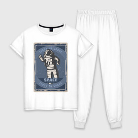 Женская пижама хлопок с принтом First In Space в Новосибирске, 100% хлопок | брюки и футболка прямого кроя, без карманов, на брюках мягкая резинка на поясе и по низу штанин | art | first | астронавт | галактика | иллюстрация