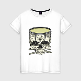 Женская футболка хлопок с принтом Барабан Череп Skull Drum в Новосибирске, 100% хлопок | прямой крой, круглый вырез горловины, длина до линии бедер, слегка спущенное плечо | death | demon | drums | grim | halloween | horror | reaper | skeleton | soul | souls | барабаны | демон | драм | душ | душа | жнец | мертвых | мистика | мрачный | некрономикон | скелеты | собиратель | темный | ударные | ужасы | хоррор 