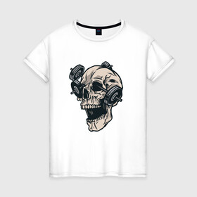 Женская футболка хлопок с принтом Череп с гантелями | Skull в Новосибирске, 100% хлопок | прямой крой, круглый вырез горловины, длина до линии бедер, слегка спущенное плечо | barbel | death | demon | dumbbells | fitness | grim | halloween | horror | reaper | skeleton | soul | souls | гантели | демон | душ | душа | жнец | мистика | мрачный | скелеты | собиратель | спорт | ужасы | фитнесс | хоррор | хэллоуин 