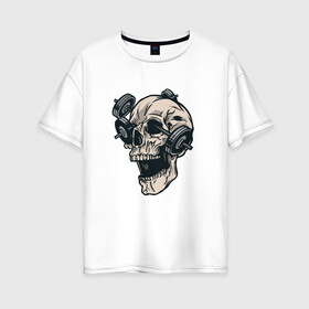 Женская футболка хлопок Oversize с принтом Череп с гантелями | Skull в Новосибирске, 100% хлопок | свободный крой, круглый ворот, спущенный рукав, длина до линии бедер
 | barbel | death | demon | dumbbells | fitness | grim | halloween | horror | reaper | skeleton | soul | souls | гантели | демон | душ | душа | жнец | мистика | мрачный | скелеты | собиратель | спорт | ужасы | фитнесс | хоррор | хэллоуин 