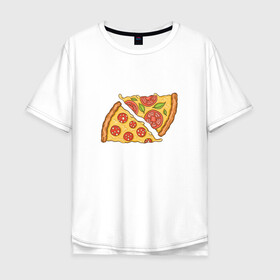 Мужская футболка хлопок Oversize с принтом Два кусочка пиццы  в Новосибирске, 100% хлопок | свободный крой, круглый ворот, “спинка” длиннее передней части | chees | cheesy | fast food | fastfood | food | love | margarita | pepperoni | pizza | pizza lover | pizza margherita | slice | two pizza slices | базилик | колбаса | колбаска | люблю пиццу | любовь | маргарита | овощи | пепперони | помидоры | сыр | тянущи