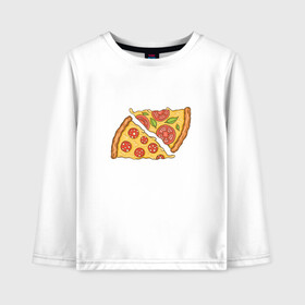 Детский лонгслив хлопок с принтом Два кусочка пиццы  в Новосибирске, 100% хлопок | круглый вырез горловины, полуприлегающий силуэт, длина до линии бедер | chees | cheesy | fast food | fastfood | food | love | margarita | pepperoni | pizza | pizza lover | pizza margherita | slice | two pizza slices | базилик | колбаса | колбаска | люблю пиццу | любовь | маргарита | овощи | пепперони | помидоры | сыр | тянущи