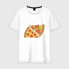 Мужская футболка хлопок с принтом Два кусочка пиццы  в Новосибирске, 100% хлопок | прямой крой, круглый вырез горловины, длина до линии бедер, слегка спущенное плечо. | Тематика изображения на принте: chees | cheesy | fast food | fastfood | food | love | margarita | pepperoni | pizza | pizza lover | pizza margherita | slice | two pizza slices | базилик | колбаса | колбаска | люблю пиццу | любовь | маргарита | овощи | пепперони | помидоры | сыр | тянущи