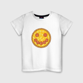 Детская футболка хлопок с принтом Пицца в виде смайлика | Smile  в Новосибирске, 100% хлопок | круглый вырез горловины, полуприлегающий силуэт, длина до линии бедер | chees | cheesy | fast food | fastfood | food | love | margarita | pepperoni | pizza | pizza lover | pizza margherita | базилик | колбаса | колбаска | люблю пиццу | любовь | маргарита | овощи | пепперони | помидоры | смайл | смайлик | сыр