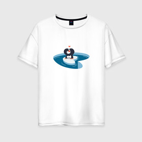 Женская футболка хлопок Oversize с принтом Пингвины любовь в Новосибирске, 100% хлопок | свободный крой, круглый ворот, спущенный рукав, длина до линии бедер
 | penguin | любовь | пингвин | пингвины | птица