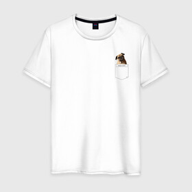 Мужская футболка хлопок с принтом PocketPuppy#3 в Новосибирске, 100% хлопок | прямой крой, круглый вырез горловины, длина до линии бедер, слегка спущенное плечо. | cute | dog | puppy | карман | милый | мопс | собака | щенок