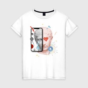 Женская футболка хлопок с принтом Ренессанс  в Новосибирске, 100% хлопок | прямой крой, круглый вырез горловины, длина до линии бедер, слегка спущенное плечо | голова | лайк | микеланджело | ренессанс | селфи | сердце | слезы | статуя | телефон | фото