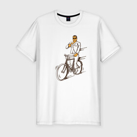 Мужская футболка хлопок Slim с принтом Велосипед и пиво в Новосибирске, 92% хлопок, 8% лайкра | приталенный силуэт, круглый вырез ворота, длина до линии бедра, короткий рукав | без рук | вело | велосипед | велосипедист | колеса | руль | спорт