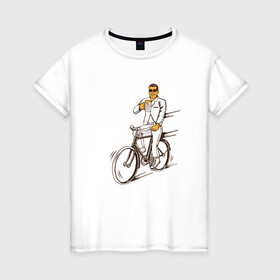 Женская футболка хлопок с принтом Велосипед и пиво в Новосибирске, 100% хлопок | прямой крой, круглый вырез горловины, длина до линии бедер, слегка спущенное плечо | без рук | вело | велосипед | велосипедист | колеса | руль | спорт