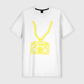 Мужская футболка хлопок Slim с принтом Золотой магнитофон на цепи в Новосибирске, 92% хлопок, 8% лайкра | приталенный силуэт, круглый вырез ворота, длина до линии бедра, короткий рукав | бумбокс | золотая цепь | золото | магнитофон | музыка | цепь