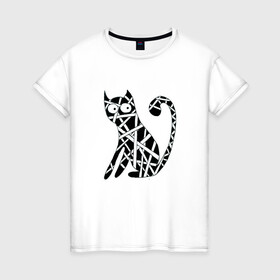 Женская футболка хлопок с принтом Черно-белый конт зендудлинг в Новосибирске, 100% хлопок | прямой крой, круглый вырез горловины, длина до линии бедер, слегка спущенное плечо | абстрактный кот | дудл | зендудлинг | зентангл | кот | кошка | черная кошка | черный кот