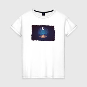 Женская футболка хлопок с принтом Костер ночью под луной в Новосибирске, 100% хлопок | прямой крой, круглый вырез горловины, длина до линии бедер, слегка спущенное плечо | горы | звездное небо | костер | луна | лунная ночь | ночевка в горах | ночевка в лесу | ночь | пикник | туризм