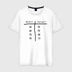 Мужская футболка хлопок с принтом Дебет кредит в Новосибирске, 100% хлопок | прямой крой, круглый вырез горловины, длина до линии бедер, слегка спущенное плечо. | бухгалтер | бухгалтерия | бухгалтерский | дебет | зарплата | кредит | начисление | проводки
