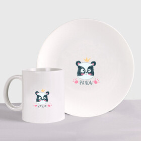 Набор: тарелка + кружка с принтом Панда в короне в Новосибирске, керамика | Кружка: объем — 330 мл, диаметр — 80 мм. Принт наносится на бока кружки, можно сделать два разных изображения. 
Тарелка: диаметр - 210 мм, диаметр для нанесения принта - 120 мм. | panda | в короне | животное | медведи | медведь | мишки | панда | панды