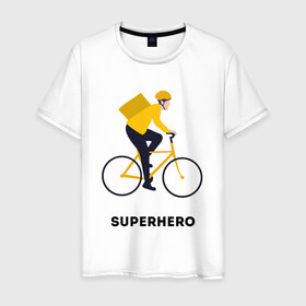 Мужская футболка хлопок с принтом СУПЕРГЕРОЙ  в Новосибирске, 100% хлопок | прямой крой, круглый вырез горловины, длина до линии бедер, слегка спущенное плечо. | covid | hero | superhero | yaay | доставка | индийский | ковид | корона | курьер | новый герой | россия 2022