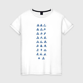 Женская футболка хлопок с принтом Треугольные иконки в Новосибирске, 100% хлопок | прямой крой, круглый вырез горловины, длина до линии бедер, слегка спущенное плечо | два цвета | знаки | золото | иероглифы | серебро