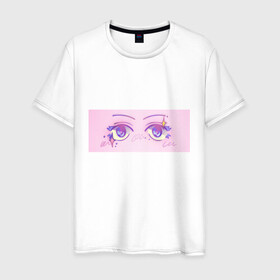 Мужская футболка хлопок с принтом Аниме глазки в Новосибирске, 100% хлопок | прямой крой, круглый вырез горловины, длина до линии бедер, слегка спущенное плечо. | kawaii | блестки | макияж | милота | розовый