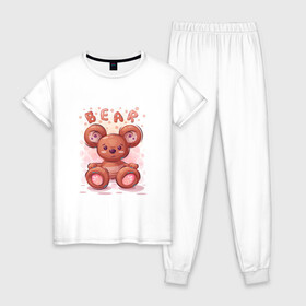 Женская пижама хлопок с принтом Медвежонок Bear в Новосибирске, 100% хлопок | брюки и футболка прямого кроя, без карманов, на брюках мягкая резинка на поясе и по низу штанин | bear | grizzly | kuma | гриззли | гризли | грозный | крутой | медведь | медвежонок | мишка