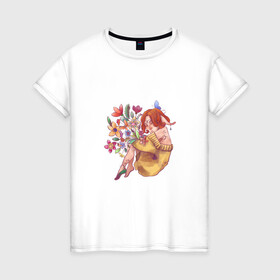 Женская футболка хлопок с принтом Эльф с цветами в Новосибирске, 100% хлопок | прямой крой, круглый вырез горловины, длина до линии бедер, слегка спущенное плечо | букет | оранжевый | сон | цветы | эльф