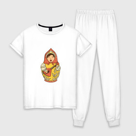 Женская пижама хлопок с принтом Матрешка в Новосибирске, 100% хлопок | брюки и футболка прямого кроя, без карманов, на брюках мягкая резинка на поясе и по низу штанин | балалайка | матрёшка | музыка | русский | русский рок | фолк