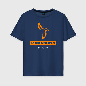 Женская футболка хлопок Oversize с принтом KARASUNO лого Haikyu!! в Новосибирске, 100% хлопок | свободный крой, круглый ворот, спущенный рукав, длина до линии бедер
 | anime | haikyu | haikyuu | karasuno | karasuno high | manga | аниме | волейбол | волейбольный клуб | ворон | вороны | карасуно | крылья | лого | манга | надпись | перо | птица | старшая школа | хаику | хаикую