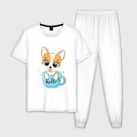 Мужская пижама хлопок с принтом Собачка в кружке hello в Новосибирске, 100% хлопок | брюки и футболка прямого кроя, без карманов, на брюках мягкая резинка на поясе и по низу штанин
 | cute | dog | woof | гав | забавный | пес | смешной | собака | щенок