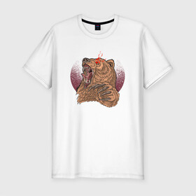 Мужская футболка хлопок Slim с принтом Злой медведь в Новосибирске, 92% хлопок, 8% лайкра | приталенный силуэт, круглый вырез ворота, длина до линии бедра, короткий рукав | Тематика изображения на принте: bear | grizzly | kuma | гриззли | гризли | грозный | крутой | медведь | медвежонок | мишка