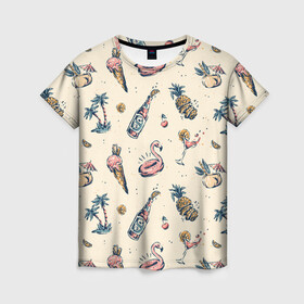 Женская футболка 3D с принтом Винтажный Гавайский Рисунок в Новосибирске, 100% полиэфир ( синтетическое хлопкоподобное полотно) | прямой крой, круглый вырез горловины, длина до линии бедер | america | hawaian | hawaii | ice cream | lime | palms | pattern | pink flamingo | retro | summer | united states | usa | vintage | ананас | винтаж | вишня | коктейль | лайм | мороженое | надувной круг | остров | пальмы | паттерн | ретро | розовый ф