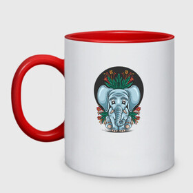 Кружка двухцветная с принтом Слон и цветы в Новосибирске, керамика | объем — 330 мл, диаметр — 80 мм. Цветная ручка и кайма сверху, в некоторых цветах — вся внутренняя часть | cute | elephant | животное | милый | слон | слоненок | слоник | цветы