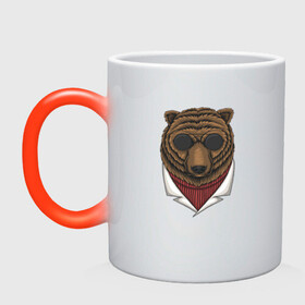 Кружка хамелеон с принтом Крутой Медведь в очках в Новосибирске, керамика | меняет цвет при нагревании, емкость 330 мл | Тематика изображения на принте: bear | grizzly | kuma | гриззли | гризли | грозный | крутой | медведь | медвежонок | мишка