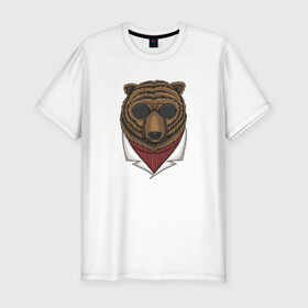 Мужская футболка хлопок Slim с принтом Крутой Медведь в очках в Новосибирске, 92% хлопок, 8% лайкра | приталенный силуэт, круглый вырез ворота, длина до линии бедра, короткий рукав | bear | grizzly | kuma | гриззли | гризли | грозный | крутой | медведь | медвежонок | мишка