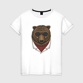 Женская футболка хлопок с принтом Крутой Медведь в очках в Новосибирске, 100% хлопок | прямой крой, круглый вырез горловины, длина до линии бедер, слегка спущенное плечо | bear | grizzly | kuma | гриззли | гризли | грозный | крутой | медведь | медвежонок | мишка