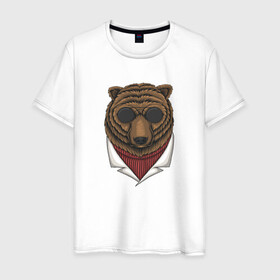 Мужская футболка хлопок с принтом Крутой Медведь в очках в Новосибирске, 100% хлопок | прямой крой, круглый вырез горловины, длина до линии бедер, слегка спущенное плечо. | Тематика изображения на принте: bear | grizzly | kuma | гриззли | гризли | грозный | крутой | медведь | медвежонок | мишка