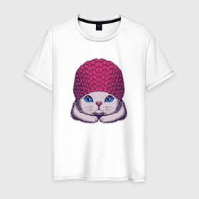 Мужская футболка хлопок с принтом Котик в шапке в Новосибирске, 100% хлопок | прямой крой, круглый вырез горловины, длина до линии бедер, слегка спущенное плечо. | cat | kawaii | kitten | kitty | pussycat | в шапке | кот | котенок | котик | кошачьи | кошка | милый