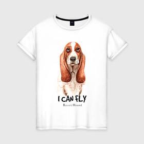 Женская футболка хлопок с принтом я могу летать бассет-хаунд в Новосибирске, 100% хлопок | прямой крой, круглый вырез горловины, длина до линии бедер, слегка спущенное плечо | cute | dog | woof | бассет хаунд | гав | забавный | пес | смешной | собака | щенок