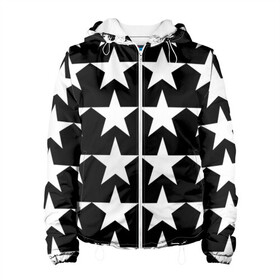 Женская куртка 3D с принтом Белые звёзды на чёрном фоне в Новосибирске, ткань верха — 100% полиэстер, подклад — флис | прямой крой, подол и капюшон оформлены резинкой с фиксаторами, два кармана без застежек по бокам, один большой потайной карман на груди. Карман на груди застегивается на липучку | бело чёрные звёзды | белые звёзды | белые звёзды на чёрном фоне | звёзды