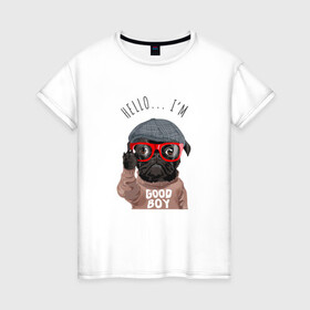Женская футболка хлопок с принтом Хороший мальчик в очках в Новосибирске, 100% хлопок | прямой крой, круглый вырез горловины, длина до линии бедер, слегка спущенное плечо | cute | dog | woof | гав | забавный | пес | песель | песик | смешной | собака | собачка | щенок