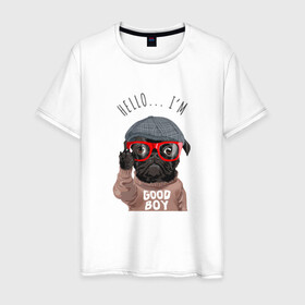 Мужская футболка хлопок с принтом Хороший мальчик в очках в Новосибирске, 100% хлопок | прямой крой, круглый вырез горловины, длина до линии бедер, слегка спущенное плечо. | cute | dog | woof | гав | забавный | пес | песель | песик | смешной | собака | собачка | щенок