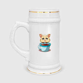 Кружка пивная с принтом Котик с кружкой кофе в Новосибирске,  керамика (Материал выдерживает высокую температуру, стоит избегать резкого перепада температур) |  объем 630 мл | cat | kawaii | kitten | kitty | pussycat | кот | котенок | котик | кофе | кошачьи | кошка | кружка | милый