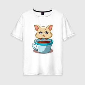 Женская футболка хлопок Oversize с принтом Котик с кружкой кофе в Новосибирске, 100% хлопок | свободный крой, круглый ворот, спущенный рукав, длина до линии бедер
 | cat | kawaii | kitten | kitty | pussycat | кот | котенок | котик | кофе | кошачьи | кошка | кружка | милый