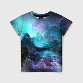 Детская футболка 3D с принтом Космическое море в Новосибирске, 100% гипоаллергенный полиэфир | прямой крой, круглый вырез горловины, длина до линии бедер, чуть спущенное плечо, ткань немного тянется | Тематика изображения на принте: вода | волны | космическое море | космос | море | облака | свет | шторм