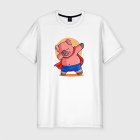 Мужская футболка хлопок Slim с принтом Свинка супермен даббинг в Новосибирске, 92% хлопок, 8% лайкра | приталенный силуэт, круглый вырез ворота, длина до линии бедра, короткий рукав | dab | pig | даб | даббинг | животное | свинка | свинья | супермен | хрюша | хрюшка