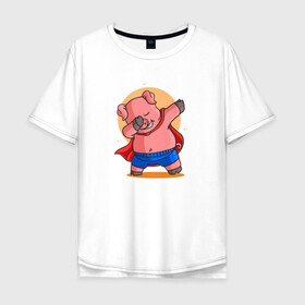 Мужская футболка хлопок Oversize с принтом Свинка супермен даббинг в Новосибирске, 100% хлопок | свободный крой, круглый ворот, “спинка” длиннее передней части | dab | pig | даб | даббинг | животное | свинка | свинья | супермен | хрюша | хрюшка