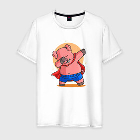 Мужская футболка хлопок с принтом Свинка супермен даббинг в Новосибирске, 100% хлопок | прямой крой, круглый вырез горловины, длина до линии бедер, слегка спущенное плечо. | dab | pig | даб | даббинг | животное | свинка | свинья | супермен | хрюша | хрюшка