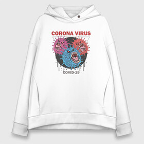 Женское худи Oversize хлопок с принтом Коронавирус Coronavirus в Новосибирске, френч-терри — 70% хлопок, 30% полиэстер. Мягкий теплый начес внутри —100% хлопок | боковые карманы, эластичные манжеты и нижняя кромка, капюшон на магнитной кнопке | coronavirus | covid | вирус | ковид | корона | коронавирус | пандемия | самоизоляция