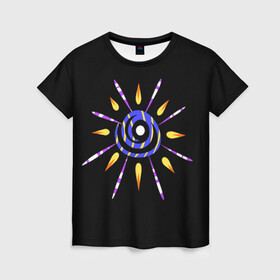 Женская футболка 3D с принтом спираль с лучами в Новосибирске, 100% полиэфир ( синтетическое хлопкоподобное полотно) | прямой крой, круглый вырез горловины, длина до линии бедер | звезда | космос | лучи | необычное | неон | нло | прикольное | спираль | странное | фрик