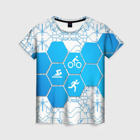 Женская футболка 3D с принтом Плыви, Крути, Беги в Новосибирске, 100% полиэфир ( синтетическое хлопкоподобное полотно) | прямой крой, круглый вырез горловины, длина до линии бедер | bike | ironman | run | running | swim | swimming | triathlon | бег | бегун | велосипед | велоспорт | выносливость | железный человек | плавание | спорт на выносливость | триатлон | цикличный вид спорта