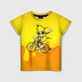 Детская футболка 3D с принтом Банан на велосипеде в Новосибирске, 100% гипоаллергенный полиэфир | прямой крой, круглый вырез горловины, длина до линии бедер, чуть спущенное плечо, ткань немного тянется | байк | банан | бананчик | велик | велосипед | живой банан | спорт