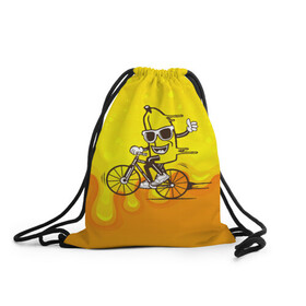 Рюкзак-мешок 3D с принтом Банан на велосипеде в Новосибирске, 100% полиэстер | плотность ткани — 200 г/м2, размер — 35 х 45 см; лямки — толстые шнурки, застежка на шнуровке, без карманов и подкладки | байк | банан | бананчик | велик | велосипед | живой банан | спорт