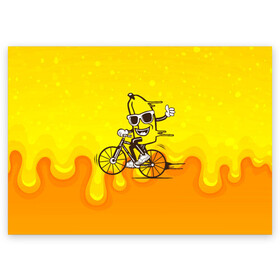 Поздравительная открытка с принтом Банан на велосипеде в Новосибирске, 100% бумага | плотность бумаги 280 г/м2, матовая, на обратной стороне линовка и место для марки
 | Тематика изображения на принте: байк | банан | бананчик | велик | велосипед | живой банан | спорт